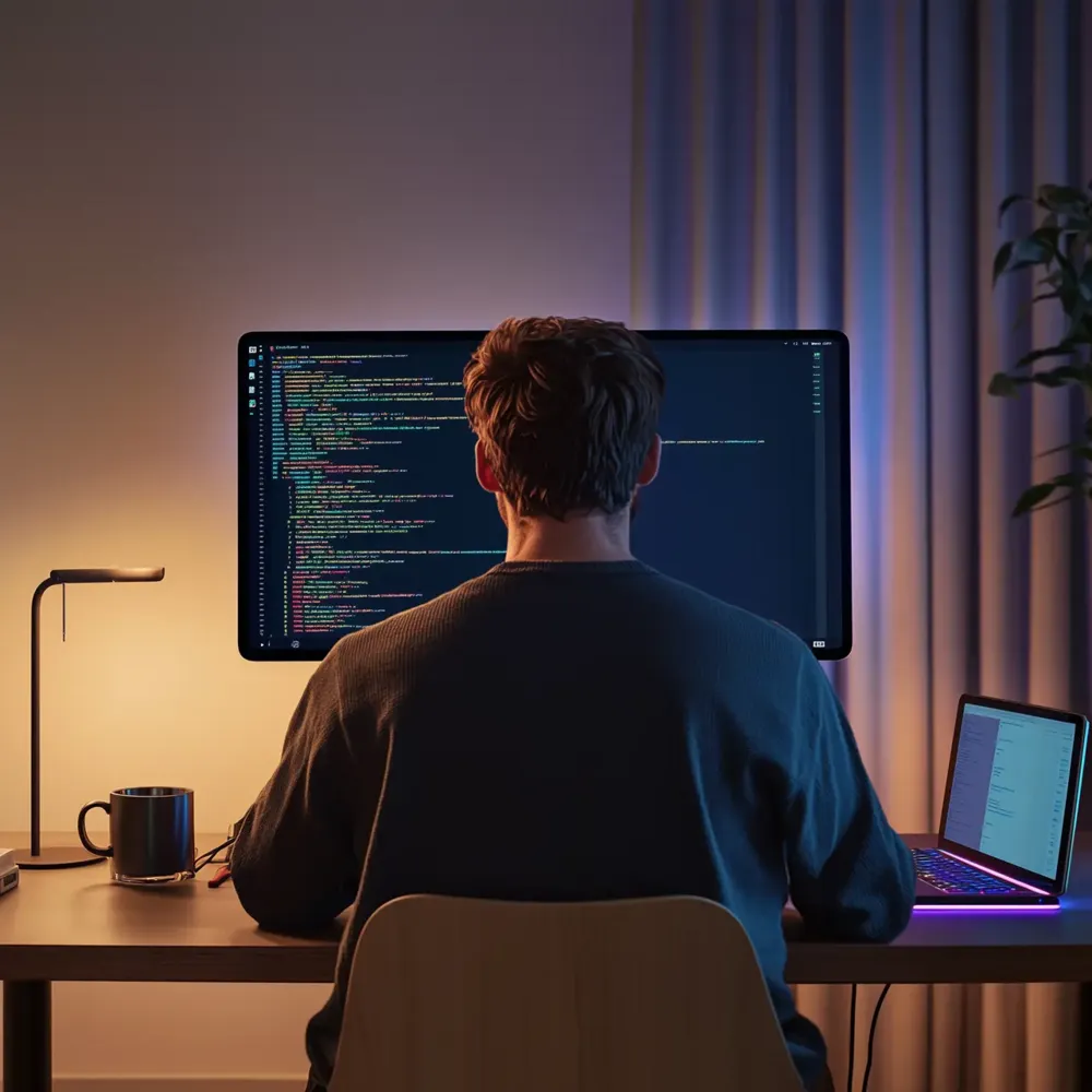 An engineer working at a desk with code on screen.