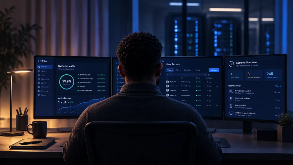 An IT administrator reviewing system health dashboards.