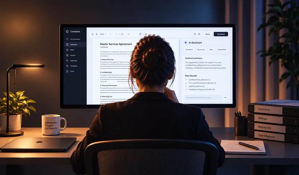 A legal professional reviewing documents at a desk.