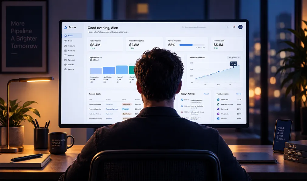 A sales rep reviewing a pipeline dashboard.